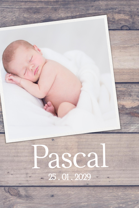 Stoere geboortekaart met hout-print en foto Pascal