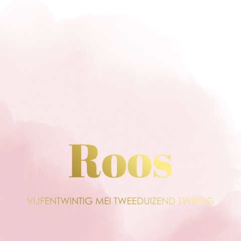 Geboortekaart roze waterverf en goudfolie tekst