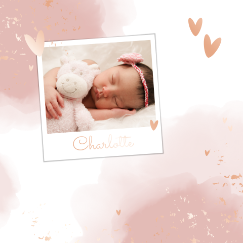 Hip en lief geboortekaartje meisje met babyfoto en rosegoudolie
