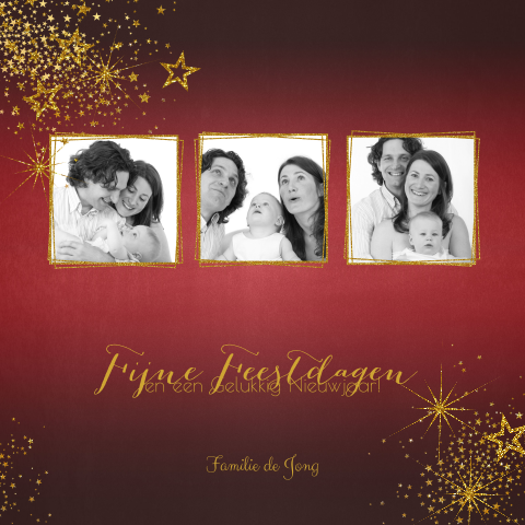 Stijlvolle rode kerstkaart met 3 foto's gouden sterren