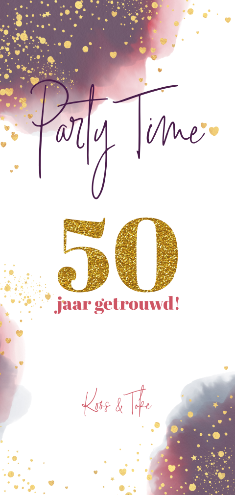 Feestelijke uitnodiging 50 jaar getrouwd waterverf en goud versiering