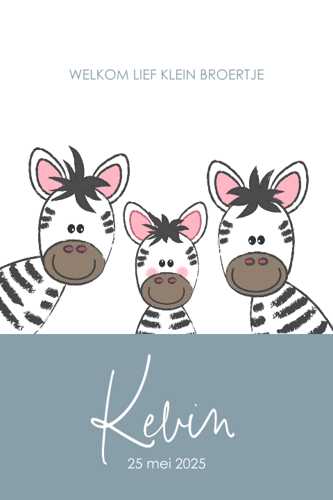 Geboortekaart jongen - derde kindje- schattige zebra's
