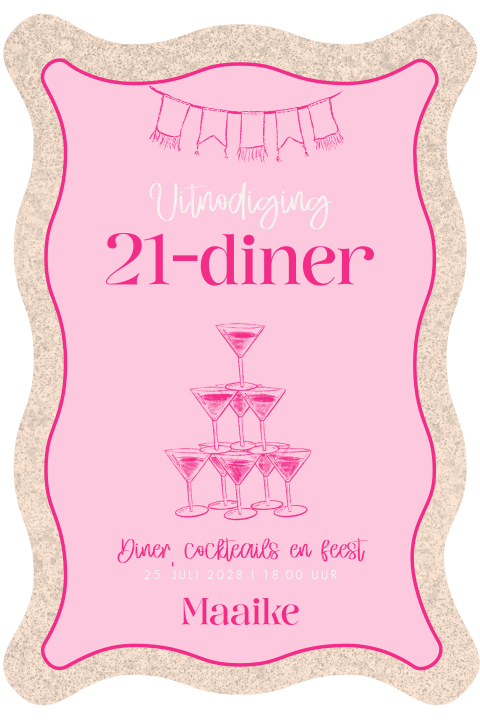 Uitnodiging 21-diner met Ibiza look – roze golfrand en cocktails