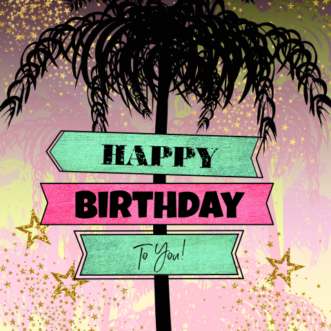 Zomerse en feestelijke verjaardagskaart palmboom met wegwijzer