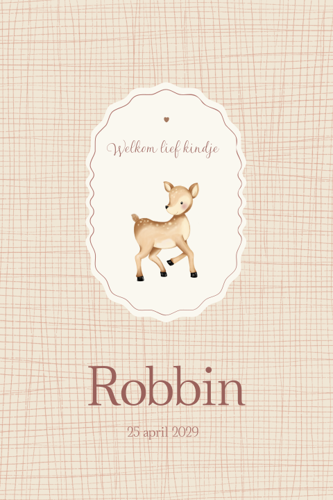 Geboortekaartje met hertje en ruitjes in zachte tinten