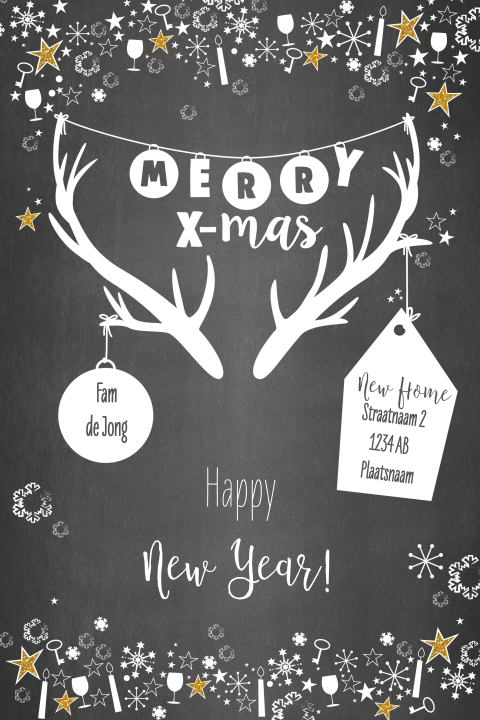 Hippe kerst verhuiskaart rendier gewei huisje en versiering
