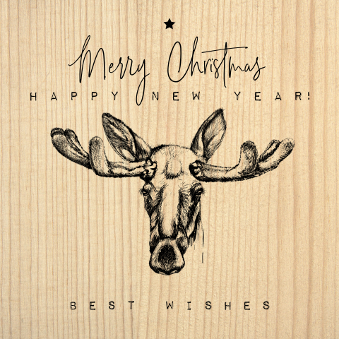 Kerstkaart hout-look met een zwarte pentekening van een rendier