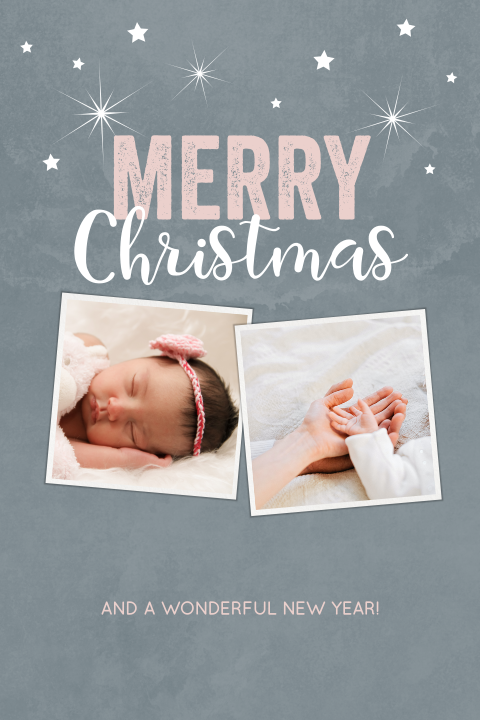 Personaliseerbare foto kerstkaart in blauw-grijs velvet sterren