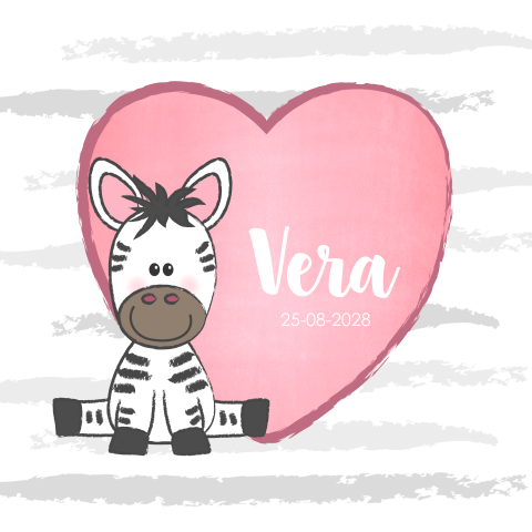 Schattig geboortekaartje meisje grijze strepen en lieve babyzebra