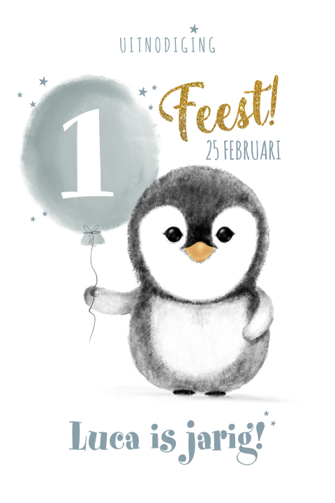 Uitnodiging kinderverjaardag jongen pinguïn met ballon