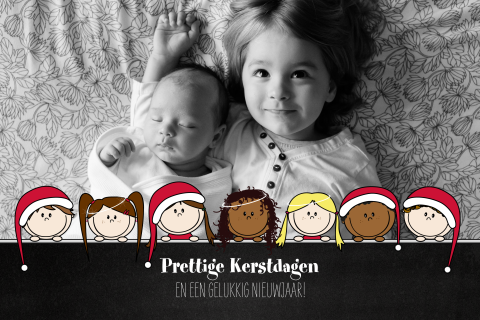 Vrolijke foto kerstkaart met een illustratie lieve kerstengeltjes