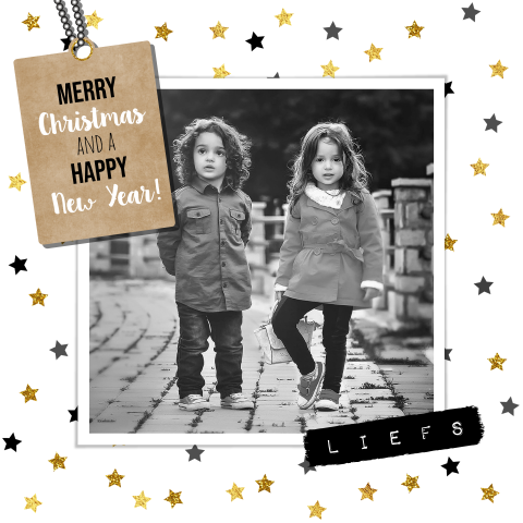 Kerstkaart wit met gouden sterren, label en een eigen foto