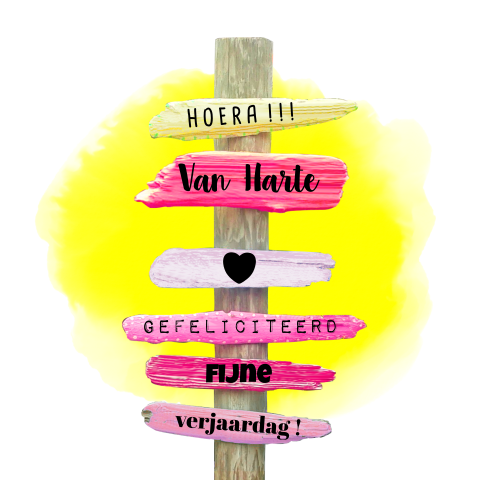 Zomerse verjaardagskaart met wegwijzer in vrolijke kleuren