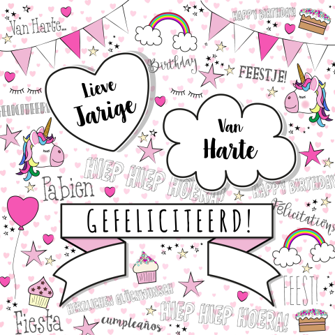 Verjaardagskaart doodles unicorn cupcake en slingers