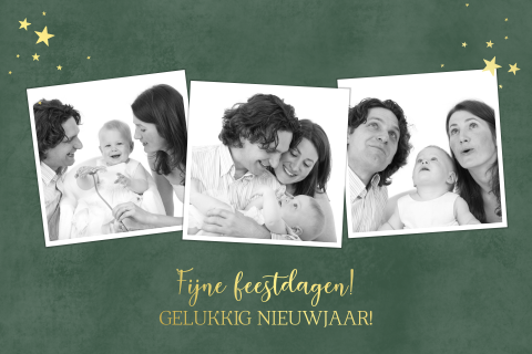 Kerstkaart groen met foto's goudfolie en ronde hoeken
