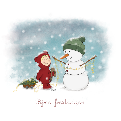 Kerstkaart sneeuwpop & winterkindje – Fijne Feestdagen