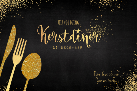 Sfeervolle uitnodiging kerstdiner goud bestek en sterren