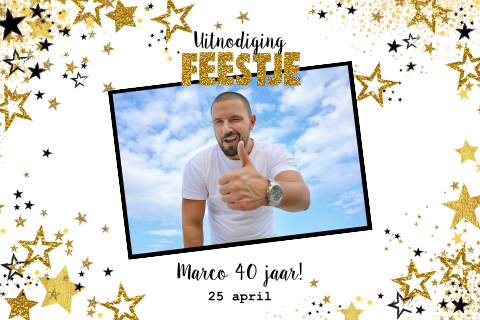 Feestelijke foto uitnodiging zwart goud sterren Marco