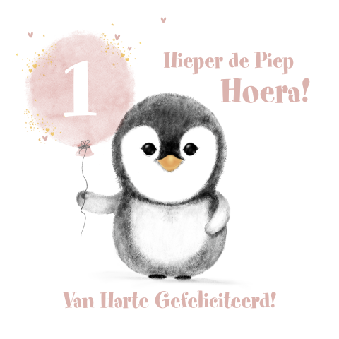 Verjaardagskaart meisje pinguïn met roze ballon