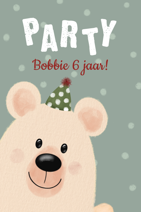 Kinderfeest uitnodiging beertje met feesthoed en stippen