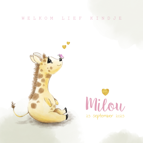 Geboortekaartje tekening lief girafje met vlinder Milou
