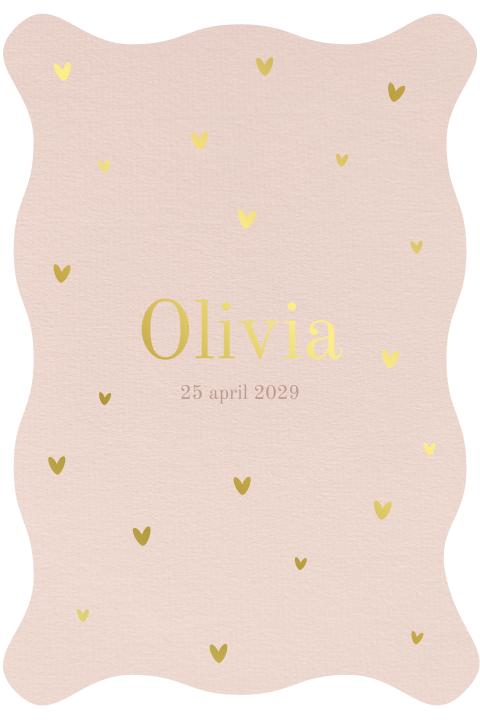 Minimalistisch geboortekaartje zacht roze met golfrand en goudfolie