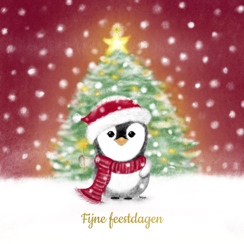 Winterse kerstkaart met pinguïn bij een kerstboom met goudfolie