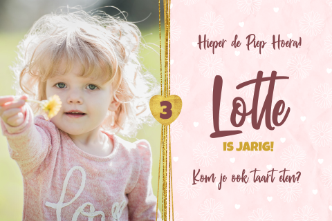 Uitnodiging kinderverjaardag met foto madeliefjes en lintjes