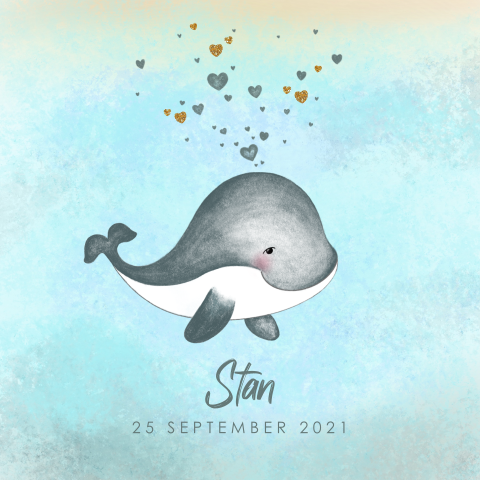 Geboortekaartje met een lieve walvis en hartjes