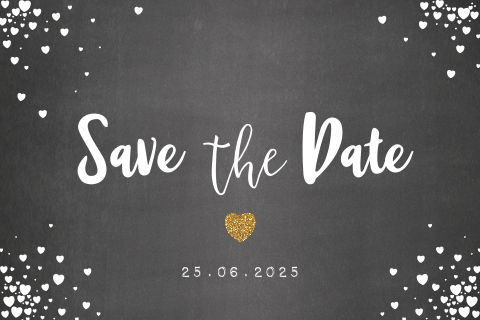 Hippe Save the Date kaart krijtbord en witte hartjes