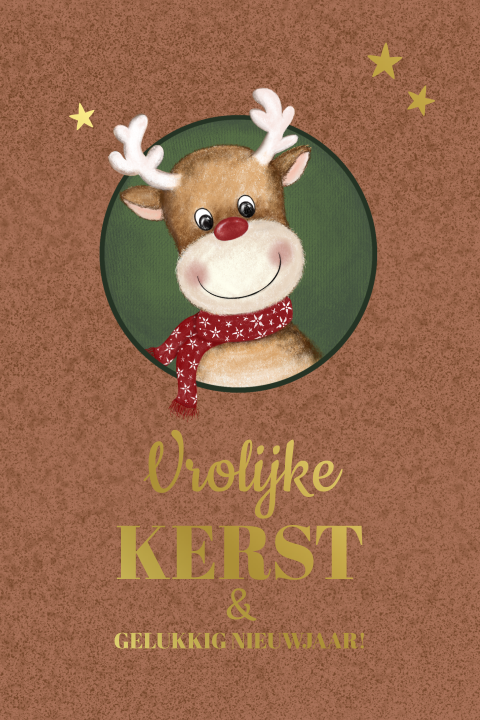 Vrolijke kerstkaart met rendier in warme tinten