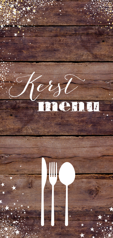 Stoere kerst menukaart robuust hout en witte sterren