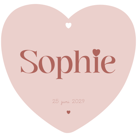 Geboortekaartje hartvorm met naam en gaatje voor lint
