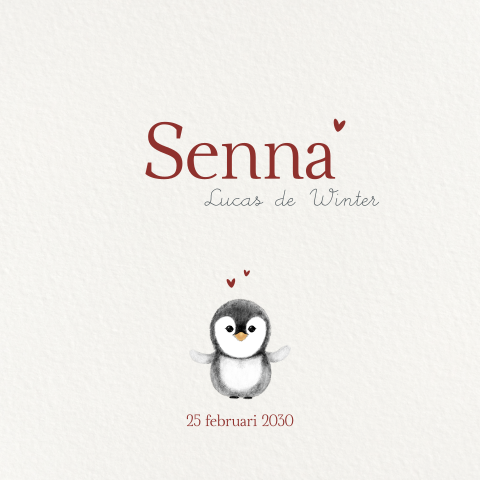 Lief geboortekaartje met pinguïn in naturel tinten – Senna