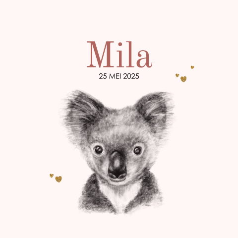 Hip geboortekaartje meisje potloodtekening koalabeer