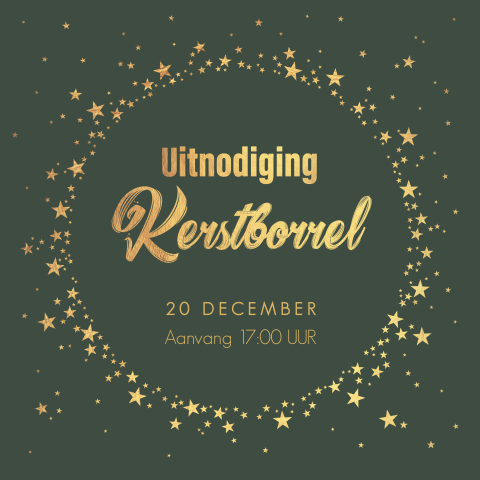 Kerstborrel uitnodiging stijlvol groen met gouden sterren