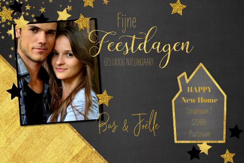 Kerst hippe foto verhuiskaart met krijtbord en gouden sterren
