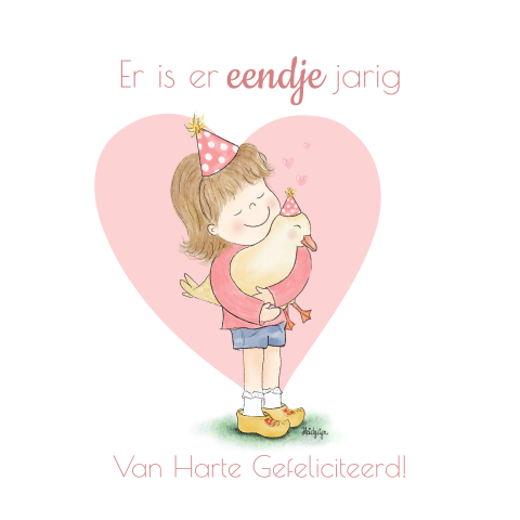 Verjaardagskaart meisje met een schattig eendje en een hartje