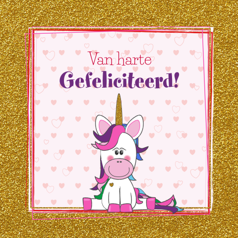 Verjaardagskaart meisje goud glitter met lieve unicorn