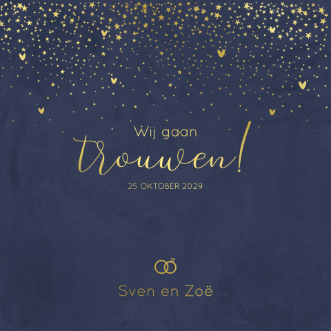 Stijlvolle trouwkaart met blauwe velvet-look en goudfolie