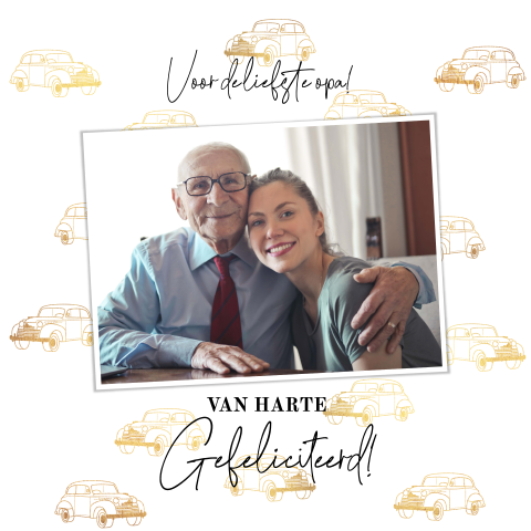 Verjaardagskaart voor opa met oldtimers en foto