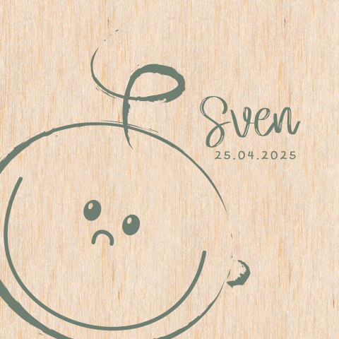 HOUT Geboortekaartje jongen waterverf en baby gezichtje Sven