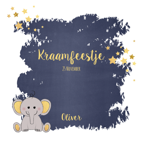 Kraamfeest stoer blauw kaartje met een olifantje en sterren Oliver
