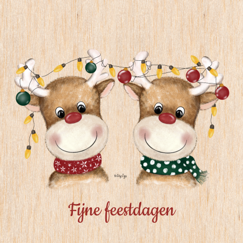 Unieke houten kerstkaart met schattige rendieren en kerstverlichting