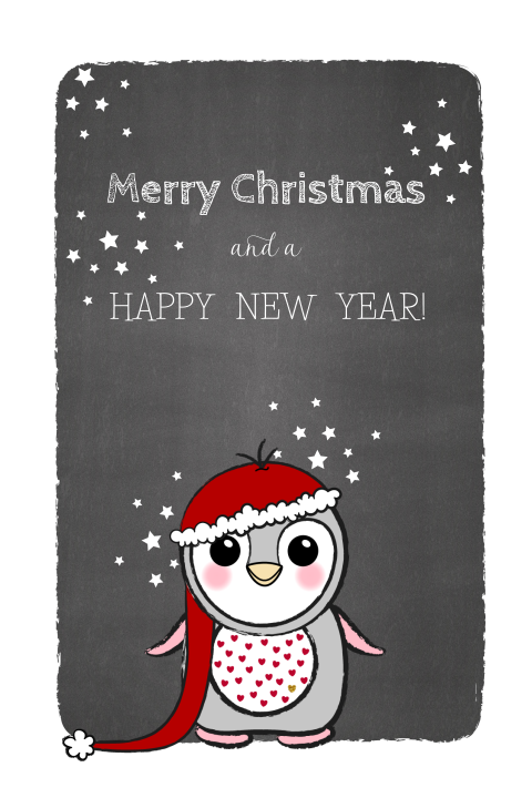 Kerstkaart krijtbord schattige pinguïn met een kerstmuts