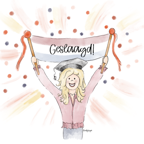 Geslaagd meisje met Nederlandse vlag en confetti