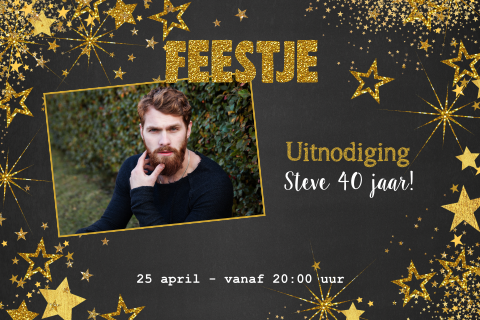 Feestelijke foto uitnodiging krijtbord goud glitter sterren Steve
