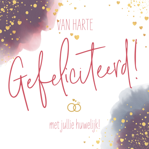 Felicitatie huwelijk waterverf goudkleurige hartjes en stippen