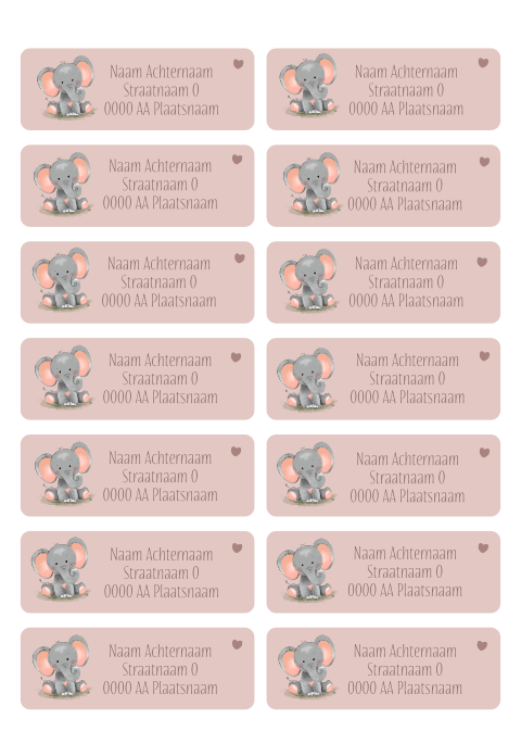 Adresstickers geboortepost roze met olifantje