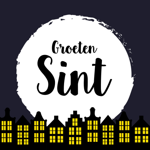 Sfeervolle donkerblauwe Sinterklaaskaart met Amsterdamse huisjes